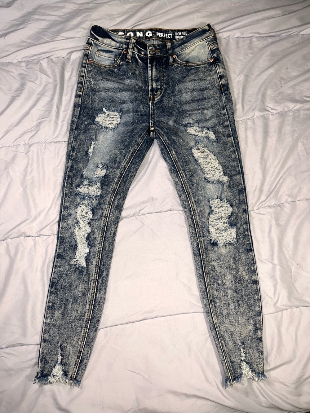 High-Rise Distressed Skinny Jeans in Acid Black